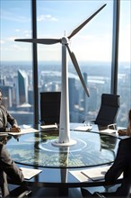 Business professionals engaged with a scale model of a wind turbine adjacent to miniature houses,