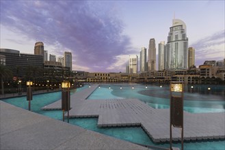 UAE, Dubai panoramic view of Dubai Mall in city downtown and Dubai Fountain