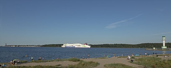 Stena Line ferry, naval memorial, Laboe, lighthouse and beach in front, Friedrichsort, Kiel,