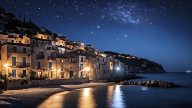 Mediterranean houses nestled in an idyllic coastal village at night, AI generated