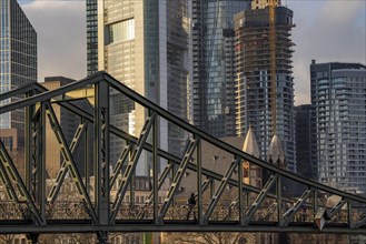 Skyline of the city centre of Frankfurt am Main, river Main, Eiserner Steg bridge, dusk, Hesse,