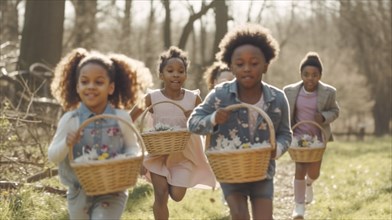 Several african american children running in the country with baskets of spring flowers, generative