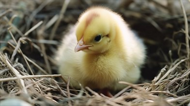 Cute newborn chick in nest, generative AI, AI generated