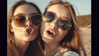 Two young girlfriends posing wearing sunglasses having fun on the beach, generatvie AI, AI