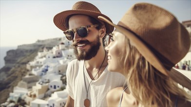 Young vacationing adult caucasian couple enjoying the view from santorini Greece, generatvie AI, AI