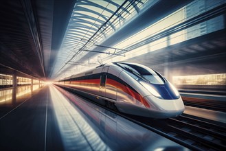 Modern high speed train in a futuristic train station. Modern transportation technology, speed,