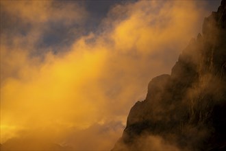 Montafon mountains with dramatic cloudy sky at sunset, Tschagguns, Rätikon, Montafon, Vorarlberg,