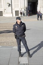 Police and soldiers in front of Palacio Real royal palace, Madrid, Spain, Europe