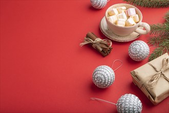 Christmas or New Year composition. Decorations, box, cinnamon, silver balls, fir and spruce