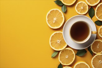 Too view of cup of tea surrounded by lemon fruit slices on yellow background with copy space. KI