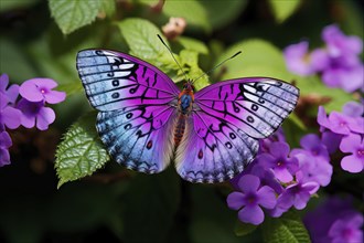 Beautiful stylized purple butterfly on natural leaves environment, AI generated