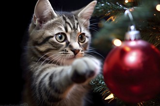 Cat playing with red Christmas tree bauble. KI generiert, generiert AI generated