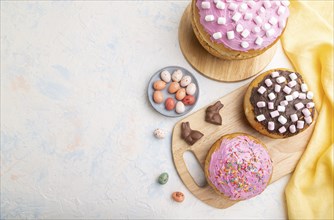 Homemade glazed and decorated easter pies with chocolate eggs and rabbits on a white concrete