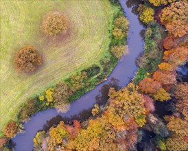 Aerial view of the Hunte in autumn, Meander, Hunte loop, Hunte, river, tree, forest, autumn