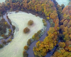 Aerial view of the Hunte in autumn, Meander, Hunte loop, Hunte, river, tree, forest, autumn