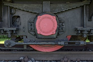 Wheel on rail with brake from Knorr-Bremse, vintage electric locomotive no. 3 from Krupp AEG,