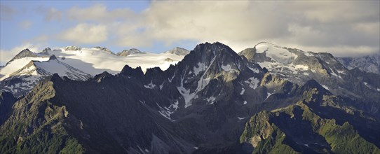 View over mountains along the mountain pass Passo di Gavia in the Italian Alps, Lombardy, Italy,