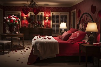 A cozy bedroom adorned with red and white heart-shaped balloons, rose petals, and candles creating