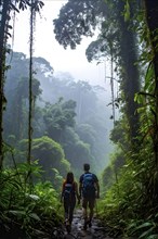 Adventurous couple hiking through dense amazon rainforest, AI generated