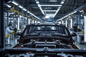 AI generated automotive assembly line in car manufacturing progression with automated machines