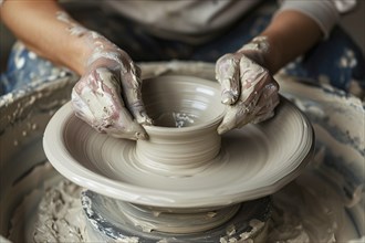 Close up of hands forming white raw clay into pottery. KI generiert, generiert, AI generated