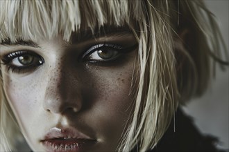 Portrait of young attractive woman with blond hair with bob hairstyle with bangs and and black eye