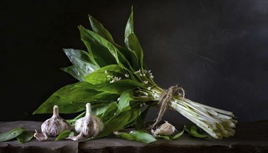 Fresh wild garlic arranged next to garlic bulbs on a wooden surface, Wild garlic, Allium ursinum,