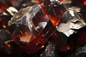 Close up of red and black Painite stone. KI generiert, generiert, AI generated