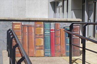 A mural shows colourful books lined up on a wall in the city, Mural Trail, Glasgow, Scotland,