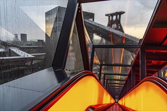 Zeche Zollverein, rainy day, view of the double headframe of shaft XII, through rain-soaked