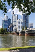 Skyline with skyscrapers in the city centre, river Main and Untermainbrücke in Frankfurt, Germany,