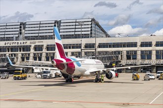 A Eurowings Airbus A320 aircraft with the registration D-AEWR at Stuttgart Airport, Germany, Europe