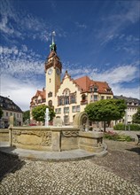 Art Nouveau town hall and Wettin fountain, market square, Waldheim, Saxony, Germany, Europe