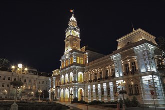 Banat, city of Arad, city centre, city hall at night, illuminated, Romania, Europe