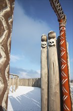 Wooden poles with skulls, Pömmelte ring sanctuary, prehistoric circular ditch complex, Pömmelte,