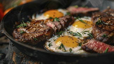 Cast iron pan with thick steak and eggs cooking. generative AI, AI generated