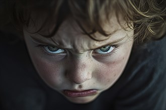 Close up of angry face of boy child. Generative Ai, AI generated