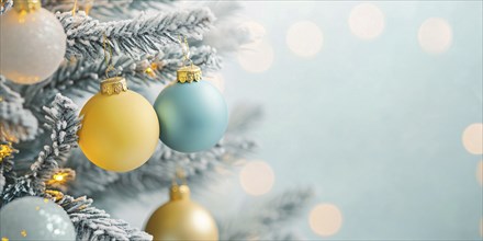 Christmas banner with blue and yellow bauble ornaments on tree. Generative AI, AI generated