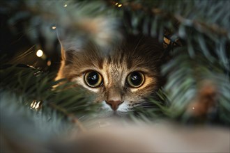 Cat between branches of traditional Christmas tree with electric light chain. Generative Ai, AI