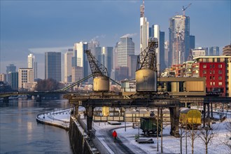 The skyline of Frankfurt am Main, skyscrapers of the banking district, historic harbour cranes at