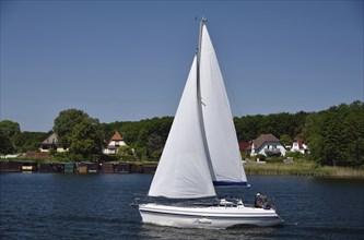 Europe, Germany, Mecklenburg-Western Pomerania, island town of Malchow, Lake Malchow, sailing boat,