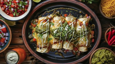 Plate of enchiladas with a side of salsa and guacamole. Wooden table with bowls of various sauces,