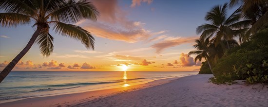 Sunrise at a caribbean coast real estate beach resort with tropical palms, AI generated