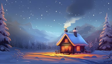 Snow-covered cottage in a serene winter scene in vector style, AI generated