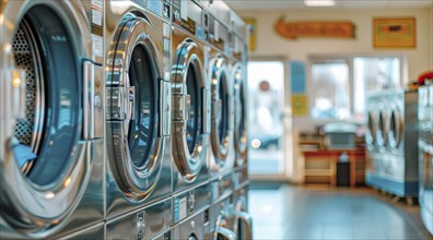 A row of silver washers and dryers are in a laundromat. Laundry place, AI generated