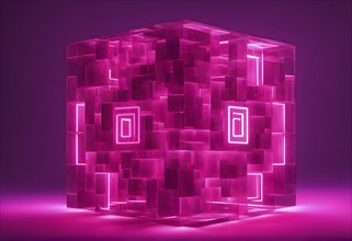 Three dimensional render of a magenta glowing blockchain cube, AI generated