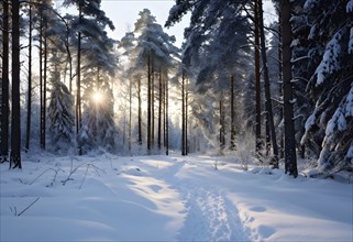 Peaceful snowy forest clearing at dawn with snow softly blanketing the ground and frost-covered