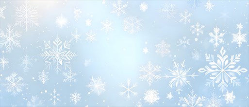 Abstract pattern of snowflakes in varying sizes and shapes in soft white and blue gradients, AI