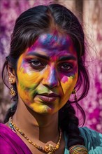 Indian woman colored face portrait during Holi Hindu festival, AI generated