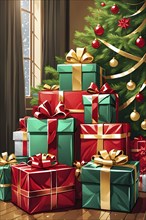 Abstract illustration of wrapped Christmas gifts, shiny ribbons and bows, stacked under a evergreen